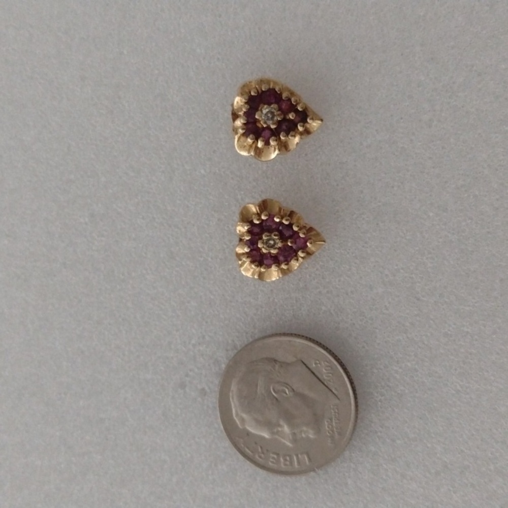 Vintage heart shape earrings ruby diamond chips 14kt Valentine's Day gift Sale